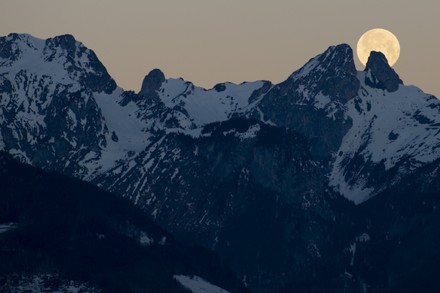 Full moon in the Alps, Fenalet Sur Bex, Switzerland - 18 Jan 2022