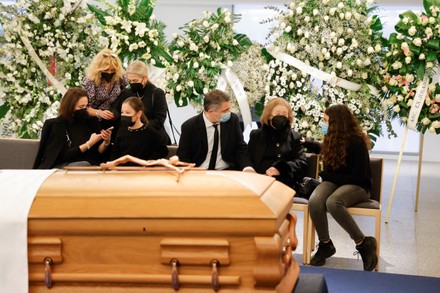 Mari Luz (2nd-R), Paco Gento's widow, is comforted by relatives and close friends of Spanish soccer legend Francisco 'Paco' Gento during his funeral chapel at the honorary box of the Santiago Bernabeu stadium in Madrid, central Spain, 19 January 2022. Gento, former Real Madrid player and honorary president, died at the age of 88 on 18 January 2022.