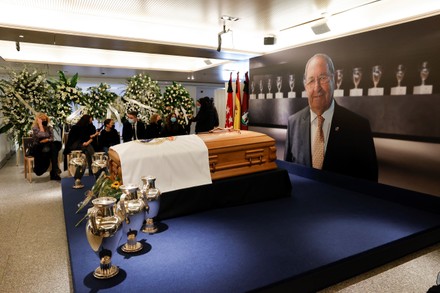 Relatives and close friends of Spanish soccer legend Francisco 'Paco' Gento attend his funeral chapel at the honorary box of the Santiago Bernabeu stadium in Madrid, central Spain, 19 January 2022. Gento, former Real Madrid player and honorary president, died at the age of 88 on 18 January 2022.