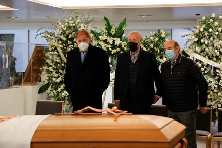 Spain's former soccer players Vicente del Bosque (C, also former Spain's head coach), Toni Grande (L) and Jose Martinez 'Pirri' attend the funeral chapel of Spanish soccer legend Francisco 'Paco' Gento at the honorary box of the Santiago Bernabeu stadium in Madrid, central Spain, 19 January 2022. Gento, former Real Madrid player and honorary president, died at the age of 88 on 18 January 2022.