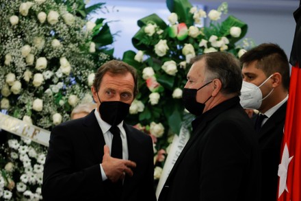 Real Madrid's Institutional Relations director Emilio Butragueno (L) attends the funeral chapel of Spanish soccer legend Francisco 'Paco' Gento at the honorary box of the Santiago Bernabeu stadium in Madrid, central Spain, 19 January 2022. Gento, former Real Madrid player and honorary president, died at the age of 88 on 18 January 2022.