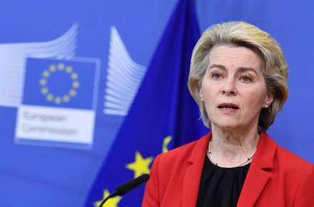 European Commission President Ursula von der Leyen gives statement on Ukraine at the EU headquarters, Brussels, Belgium - 24 Jan 2022