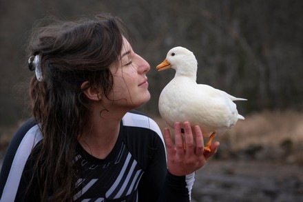 Enya James and Dee Dee the duck, Loch Rannoch, Scotland, UK - 31 Jan 2022