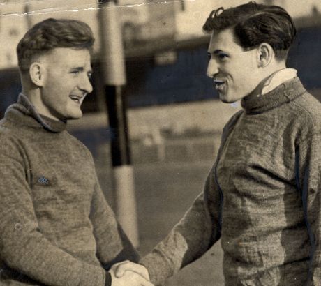 Welsh Rugby Players Trevor Lloyd (maesteg) On Left Meeting Cliff Morgan (cardiff) Whom He Will Partner Against Ireland At Swansea On Saturday.