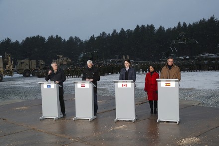 Stoltenberg, Trudeau and Sanchez visit Adazi Base, Latvia - 08 Mar 2022