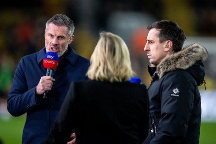 Sky Sports pundit Jamie Carragher and Gary Neville before the Premier League match between Wolverhampton Wanderers and Leeds United at Molineux, Wolverhampton