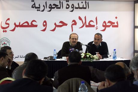 Yasser Abed Rabbo speaks during a meeting entitled "Towards a free media" in the West Bank city of Ramalla, Palestine - 16 Feb 2011