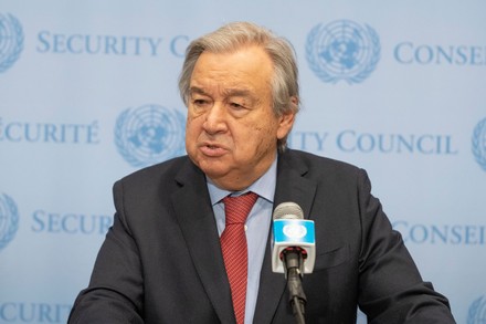 Secretary-General Antonio Guterres speaks to reporters on the situation ...
