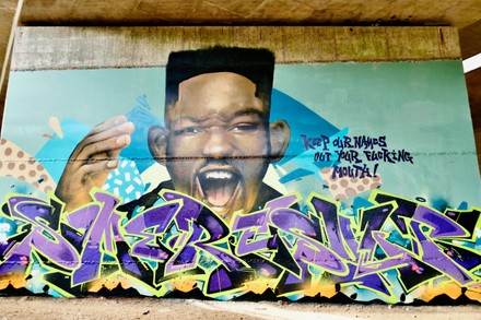 Will Smith's Oscars slap immortalised in graffiti on the Loddon Viaduct, Winnersh Triangle, Reading, UK - 05 Apr 2022