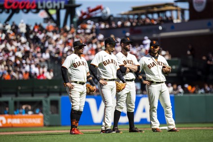 April 09 2022 San Francisco CA, U.S.A. San Francisco shortstop Brandon  Crawford (35) in the infield during MLB game between the Miami Marlins and  the San Francisco Giants. The Marlins beat the