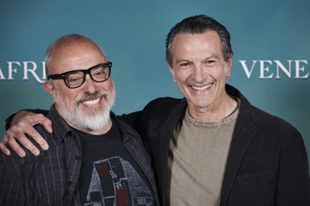 Alex de la Iglesia and Italian actor Cosimo Fusco (R) pose during the premiere of the film 'Veneciafrenia' in Madrid, Spain, 18 April 2022. The movie is the first created by 'The Fear Collection', the new film label created by Sony Pictures and Pokeepsie in the form of a plea against destructive tourism and the need to protect beauty.