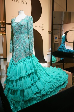 A dress that was worn by Charo Reina, designed by Lina brand seen during the Bata de Cola Exhibition at the Carlos de Antwerp Foundation in Madrid. The exhibition is a tribute to honour flamenco garments, timeless icons between tradition and transgression. In this expo, pieces by famous artists will be shown.