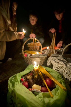 Candles Easter Bread Sit Baskets During Editorial Stock Photo - Stock ...