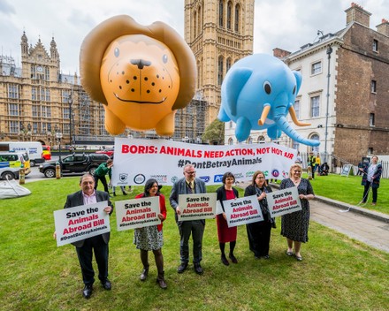 Elephant and Lion Balloons float outside Parliament in Support of the Animal Protection Bill., Parliament, London, UK - 27 Apr 2022
