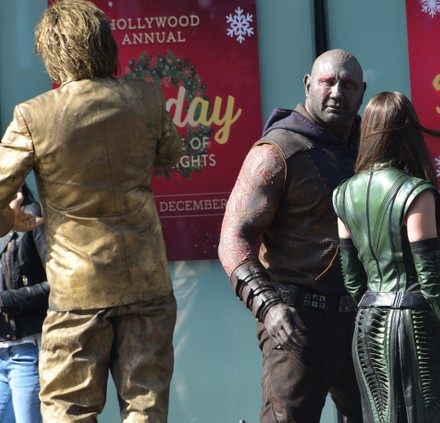 Dave Bautista and Pom Klementieff film scenes as their 'Guardians Of The Galaxy' characters Drax and Mantis, Hollywood Boulevard, Los Angeles, California, USA - 28 Apr 2022
