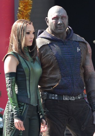 Dave Bautista and Pom Klementieff film scenes as their 'Guardians Of The Galaxy' characters Drax and Mantis, Hollywood Boulevard, Los Angeles, California, USA - 28 Apr 2022