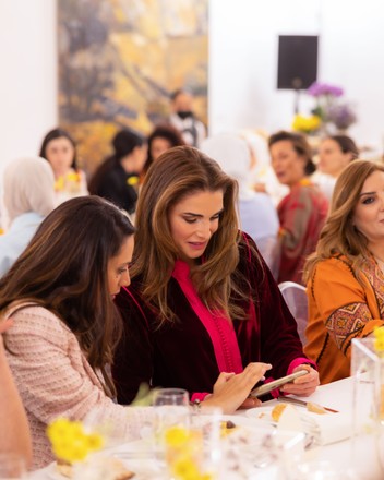 Queen Rania during an iftar with a group of accomplished young women, Amman, Jordan - Apr 2022