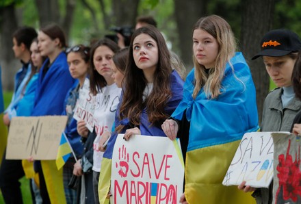A rally calling for the Chinese and Turkish presidents help in the evacuation of the military garrison from Azovstal steel plant in Mariupol, Kyiv, Ukraine - 17 May 2022