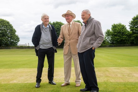 Michael Parkinson, Dickie Bird and Geoffrey Boycott, at the Shaw Lane Cricket Ground, near Barnsley, UK - 20 May 2022