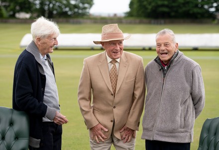 Michael Parkinson, Dickie Bird and Geoffrey Boycott, at the Shaw Lane Cricket Ground, near Barnsley, UK - 20 May 2022