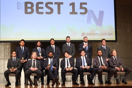 The Best 15 players of Japan Rugby League One (Front L-R) Takahiro Ogawa, Isac Lucas, Marica Koroibete, Koga Nezuka, Dylan Riley, Samu Kerevi and Damian McKenzie and (Back L-R) Keita Inagaki, Shota Horie, Opti Helu, Jacob Pierce, George Kruis and Matt Todd pose for photo at the awarding ceremony of the League One in Tokyo on Monday, May 30, 2022. Saitama Panasonic Wild Knights won the championship and Horie was awarded for the MVP.