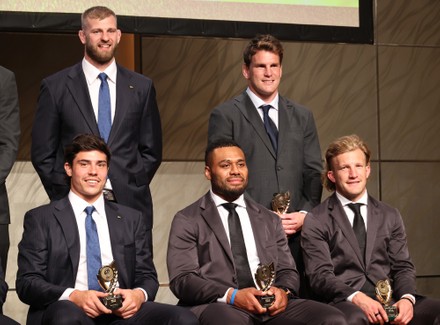 The Best 15 players of Japan Rugby League One (Front L-R) Dylan Riley, Samu Kerevi and Damian McKenzie and (Back L-R) George Kruis and Matt Todd pose for photo at the awarding ceremony of the League One in Tokyo on Monday, May 30, 2022. Saitama Panasonic Wild Knights won the championship and Shota Horie was awarded for the MVP.