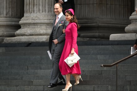 Lord Frederick Windsor (L) and his wife Sophie Winkleman (R) leave the National Service of Thanksgiving held as part of the celebrations of the Platinum Jubilee of Queen Elizabeth II, at St Paul's Cathedral in London, Britain, 03 June 2022. Queen Elizabeth II will not be attending the service after experiencing 'discomfort'. The service celebrates the Queen's Platinum Jubilee, marking the 70th anniversary of her accession to the throne on 06 February 1952.
