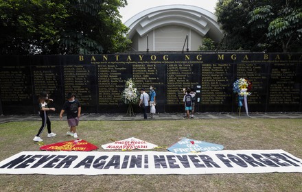 A banner with a message of resistance to Martial Law is laid out on the grounds of the Bantayog ng mga Bayani (Monument of Heroes) on Independence Day in Quezon City, Metro Manila, Philippines, 12 June 2022. Human rights groups marked the 124th Independence Day of the Philippines by honoring victims of the country's Martial Law years under the late president Ferdinand Marcos. Survivors expressed calls for vigilance in defending human rights as the late president's son, Ferdinand 'Bongbong' Marcos Jr., is set to become the next president after winning in the 09 May national elections.