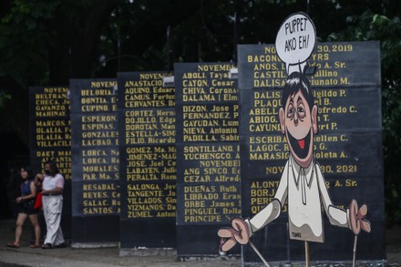 A caricature of president-elect Ferdinand 'Bongbong' Marcos (R) with a quote saying, 'I am a puppet', is displayed on the grounds of the Bantayog ng mga Bayani (Monument of Heroes) on Independence Day in Quezon City, Metro Manila, Philippines, 12 June 2022. Human rights groups marked the 124th Independence Day of the Philippines by honoring victims of the country's Martial Law years under the late president Ferdinand Marcos. Survivors expressed calls for vigilance in defending human rights as the late president's son, Ferdinand 'Bongbong' Marcos Jr., is set to become the next president after winning in the 09 May national elections.