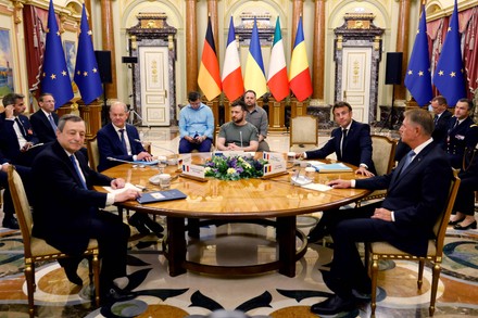 French President meets President Volodymyr Zelensky in Kyiv, Irpin, Ukraine - 16 Jun 2022