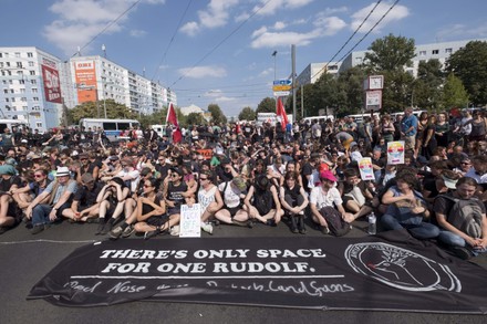 Counter-protest of leftist groups against demonstration of neo-Nazis in Berlin-Friedrichshain, berlin, berlin, germany - 18 Aug 2018
