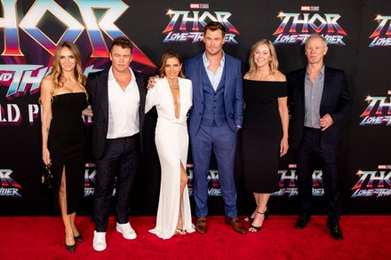 Samantha Hemsworth, Australian actor Luke Hemsworth, Spanish model Elsa Pataky, Australian actor Chris Hemsworth, and his parents Leonie and Craig Hemsworth, arrive for the premiere of Marvel 'Thor: Love and Thunder', at the El Capitan Theater, in Hollywood, California, USA, 23 June 2022. The movie is set to be released in US theaters on 08 July 2022.