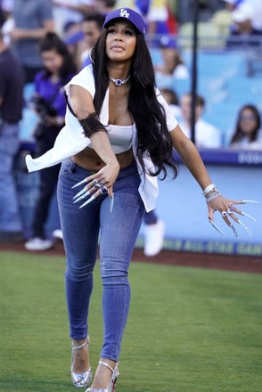 Saweetie Throws The First Pitch At The Dodgers Game