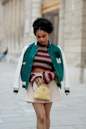 Street style, Sharon Alexie arriving at Louis Vuitton Fall-Winter