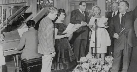 L To R: Adam Faith Connie Francis Edmundo Ros Joan Regan And Victor Silvester. Stars Singing At The Variety Club's Golden Disc Lunch