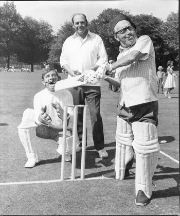 Comedian Arthur Askey Ready To Bat In The Charity Cricket Match At Margate With Comedian Norman Wisdom As Wicket Keeper And The Mayor Of Margate Councillor John Jones.