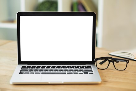 Laptop Blank White Screen Eyeglasses Wooden Editorial Stock Photo