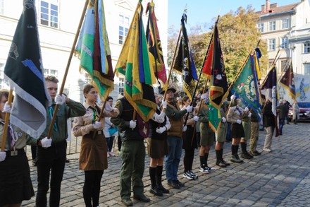 Members Ukrainian Plast Scouting Organization Hold Editorial Stock