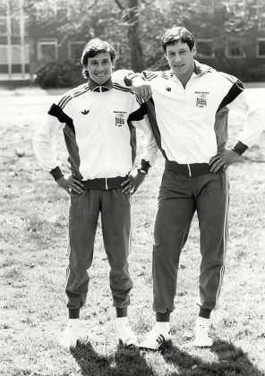 Athlete's Seb Coe (lord Coe) And Alan Wells Wearing Great Britain Team Tracksuits For 1984 Los Angeles Olympic Games.