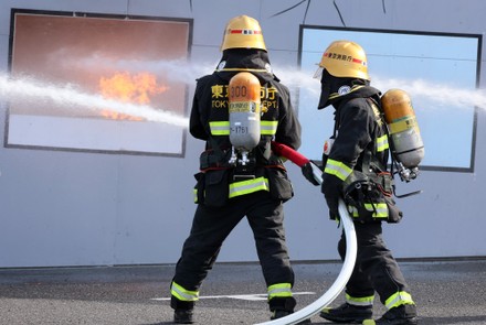 Fire Fighters Demonstrate Spray Water Firefighting Editorial Stock ...