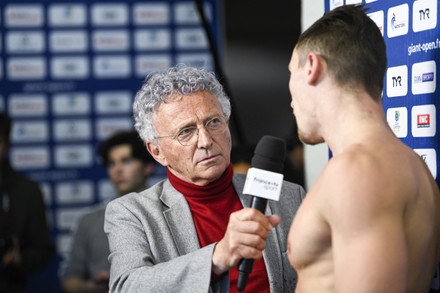 french-journalist-nelson-monfort-interview-france-editorial-stock-photo