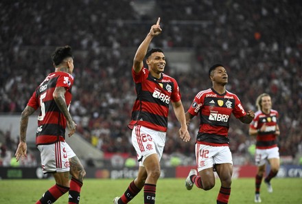 Wesley Franca (R) of Flamengo celebrates a goal during the Copa