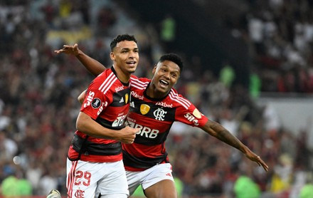 Wesley Franca (R) of Flamengo celebrates a goal during the Copa