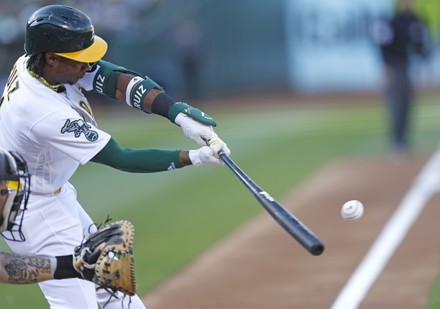 Esteury Ruiz of the Oakland Athletics fields during the game