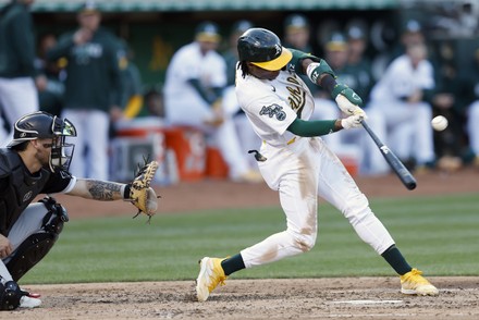 Esteury Ruiz of the Oakland Athletics fields during the game