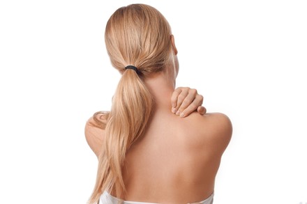 Woman Upper Back Neck Pain Standing Foto de stock de contenido editorial -  Imagen de stock