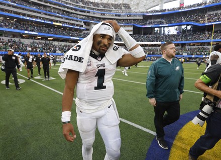 Inglewood, California, USA. 08th Oct, 2023. Philadelphia Eagles quarterback Jalen  Hurts (1) celebrates after the NFL football game between the Philadelphia  Eagles and the Los Angeles Rams in Inglewood, California. Mandatory Photo