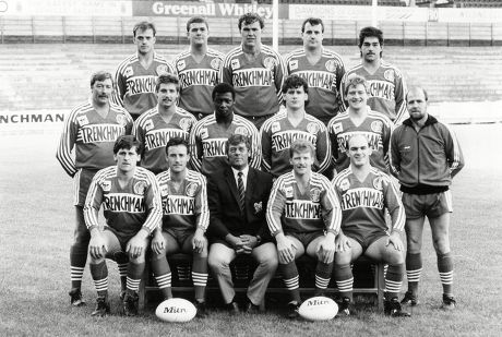 Salford Rugby League Club 1987 Squad. Front Row (l-r): Ged Byrne Ken Jones Kevin Ashcroft (manager) Paul Groves Mick Mctigue. Middle Row (l-r): Bob Welding (coach) Adrian Beckett Roy Wiltshire Chris Whiteney Andy Burgess Tom Grainey (coach). Back Row