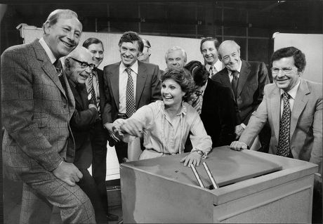 Television Newsreaders Get Together With Angela Rippon At Tv Centre. L-r Peter Woods John Snagg Corbet Woodall Bob Langley Kenneth Kendall John Tipson Bob Dougall Richard Baker