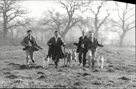 Chris Larner Philip Wright Darren Tunstall And Hal Flower Actors Running With Greyhound Dogs To Publicise Play The Gambler 1990.